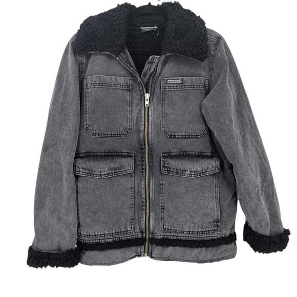 BDG  Fleece Lined Full Zip Utility Denim Cotton Jacket In Black Size Small - Picture 2 of 5